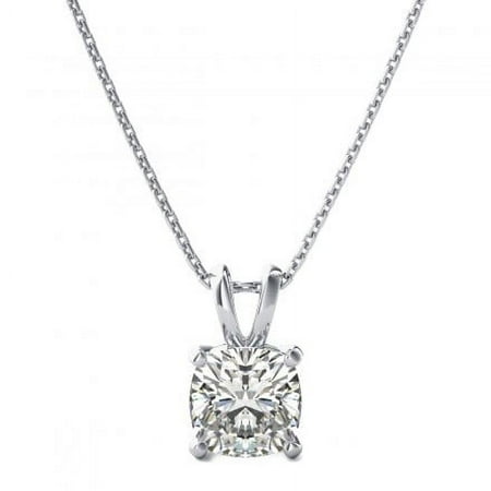JeenMata Prong Set 1 Carat Cushion Cut Real Moissanite Solitaire Pendant Necklace in 18k White Gold Over Silver