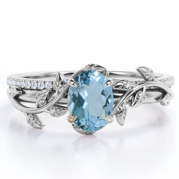 JeenMata Prong Setting 1.5 Carat Ovate Brazilian Created Aquamarine and Moissanite Leaf Design Wedding Ring Set in 18K White Gold Plating over Silver