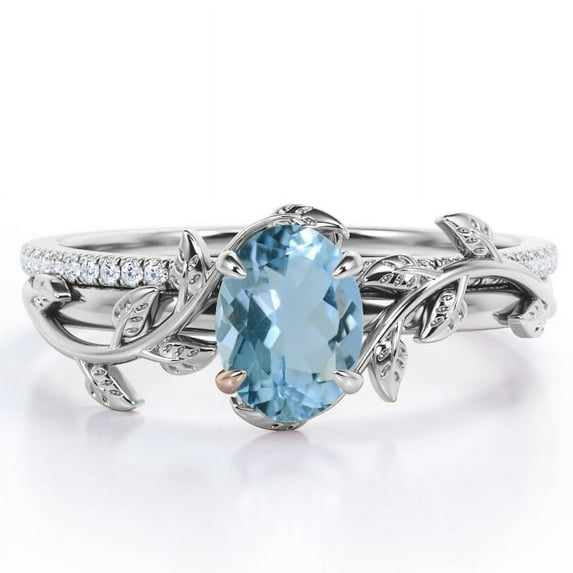 JeenMata Prong Setting 1.5 Carat Ovate Brazilian Created Aquamarine and Moissanite Leaf Design Wedding Ring Set in 18K White Gold Plating over Silver