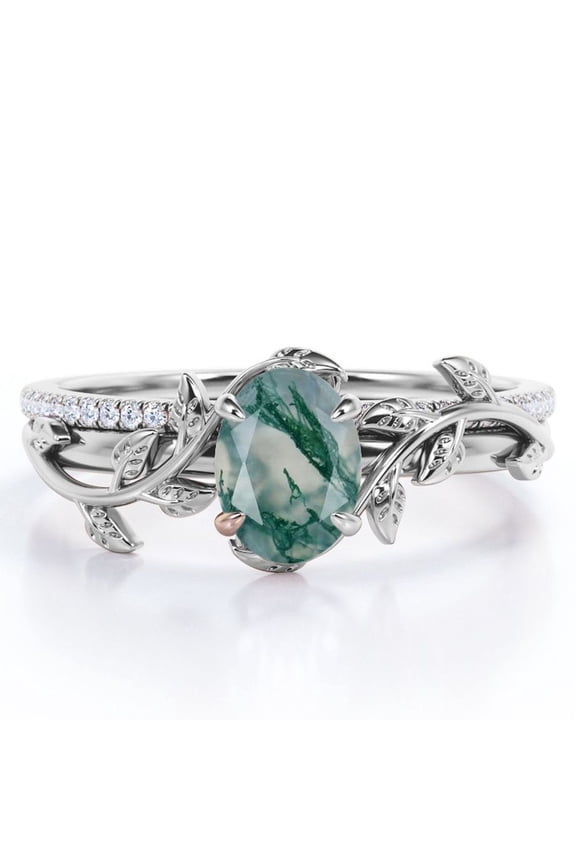 Prong Setting 1.5 Carat Ovate Dendritic Moss Green Agate and Moissanite Leaf Design Wedding Ring Set in 18K White Gold Plating over Silver