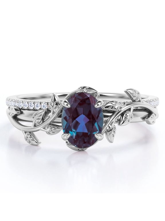 Prong Setting 1.5 Carat Ovate Lab Created Alexandrite and Moissanite Leaf Design Wedding Ring Set in 18K White Gold Plating over Silver