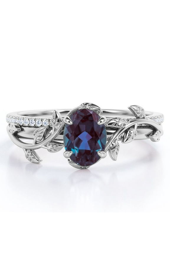 Prong Setting 1.5 Carat Ovate Lab Created Alexandrite and Moissanite Leaf Design Wedding Ring Set in 18K White Gold Plating over Silver
