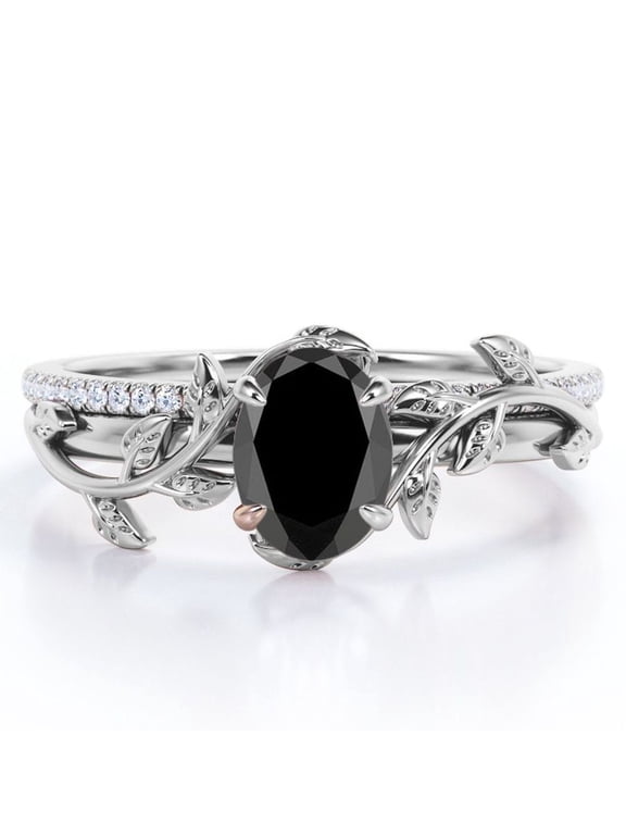 Prong Setting 1.5 Carat Ovate Lab Created Black Diamond and Moissanite Leaf Design Wedding Ring Set in 18K White Gold Plating over Silver
