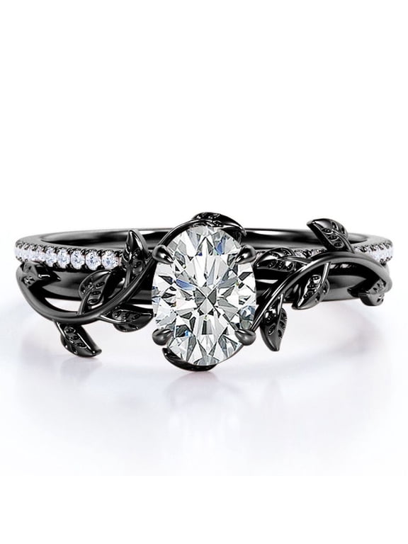 Prong Setting 1.5 Carat Ovate Moissanite Leaf Design Wedding Ring Set in 18K Black Gold Plating over Silver