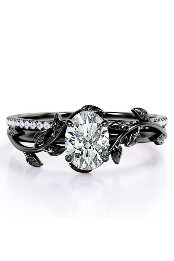 Prong Setting 1.5 Carat Ovate Moissanite Leaf Design Wedding Ring Set in 18K Black Gold Plating over Silver