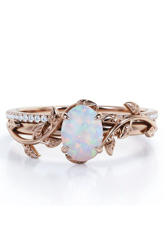 Prong Setting 1.5 Carat Ovate Rainbow Opal and Moissanite Leaf Design Wedding Ring Set in 18K Rose Gold Plating over Silver