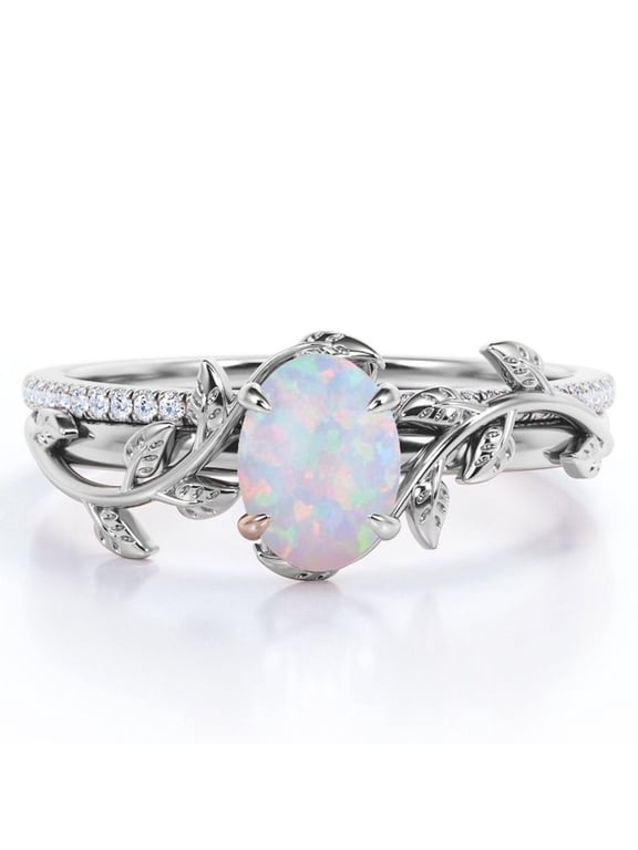 Prong Setting 1.5 Carat Ovate Rainbow Lab Created Opal and Moissanite Leaf Design Wedding Ring Set in 18K White Gold Plating over Silver