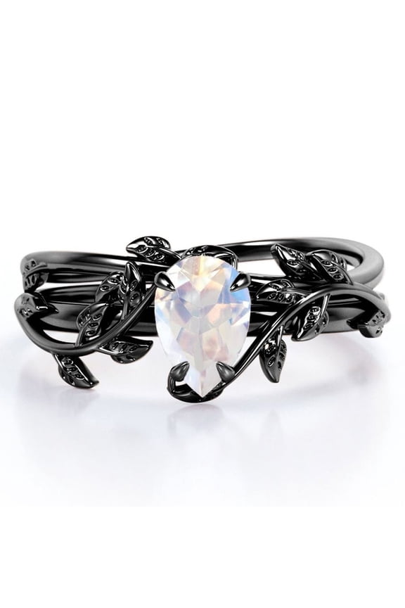 Prong Setting 1 Carat Teardrop Blue Moonstone Leaf Pattern Bridal Ring Set in 18K Black Gold Plating over Silver