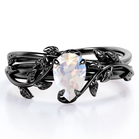 JeenMata Prong Setting 1 Carat Teardrop Blue Moonstone Leaf Pattern Bridal Ring Set in 18K Black Gold Plating over Silver