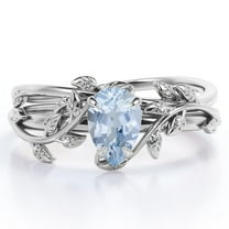 JeenMata Prong Setting 1 Carat Teardrop Created Aquamarine Leaf Pattern Bridal Ring Set in 18K White Gold Plating over Silver