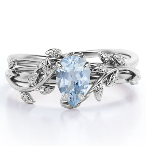 JeenMata Prong Setting 1 Carat Teardrop Created Aquamarine Leaf Pattern Bridal Ring Set in 18K White Gold Plating over Silver