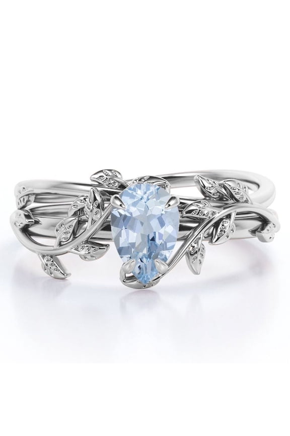 Prong Setting 1 Carat Teardrop Created Aquamarine Leaf Pattern Bridal Ring Set in 18K White Gold Plating over Silver