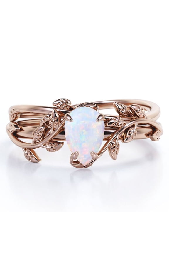 Prong Setting 1 Carat Teardrop Natural Opal Leaf Pattern Bridal Ring Set in 18K Rose Gold Plating over Silver