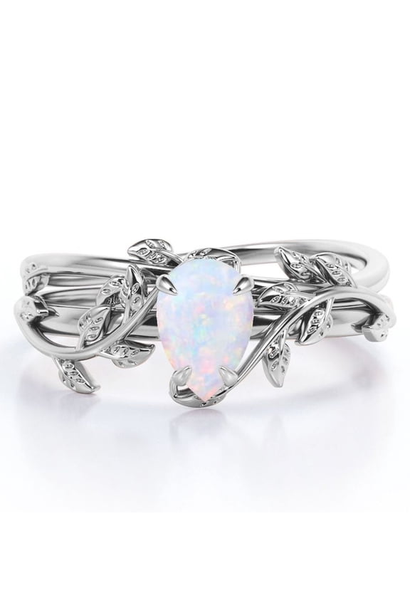 Prong Setting 1 Carat Teardrop Natural Opal Leaf Pattern Bridal Ring Set in 18K White Gold Plating over Silver
