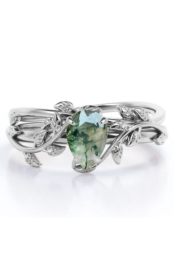 Prong Setting 1 Carat Teardrop Transparent Dendritic Moss Green Agate Leaf Pattern Bridal Ring Set in 18K White Gold Plating over Silver