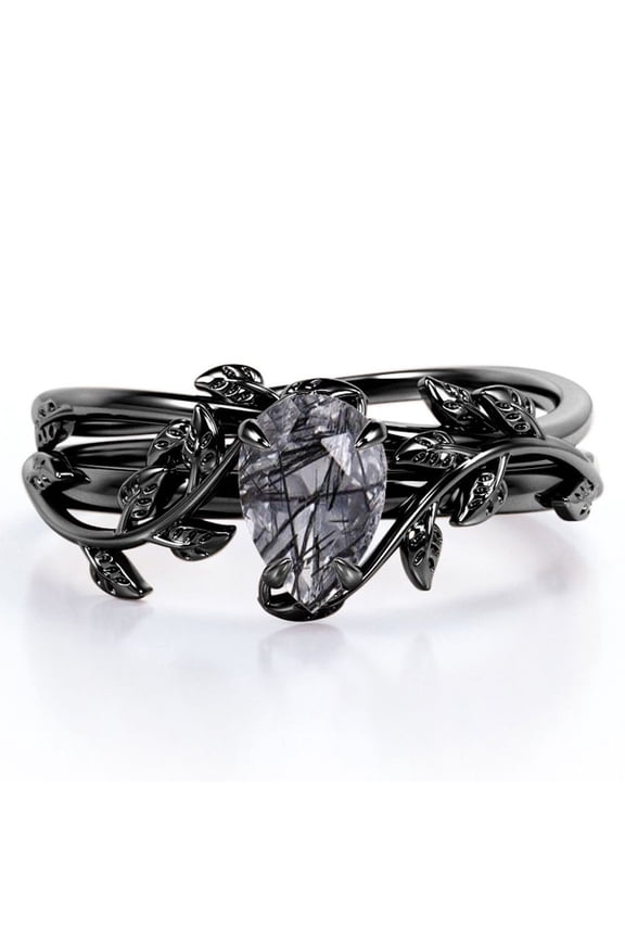 Prong Setting 1 Carat Teardrop Transparent Druzy Black Rutilated Quartz Leaf Pattern Bridal Ring Set in 18K Black Gold Plating over Silver