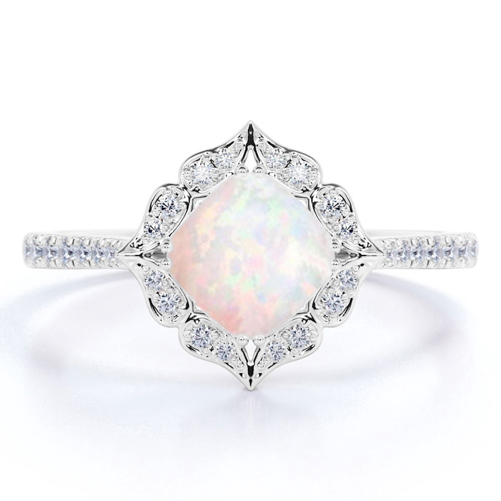 JeenMata Real 1.50 ct Princess Cut Blue Opal and Moissanite Engagement Ring in 18k White Gold over Silver