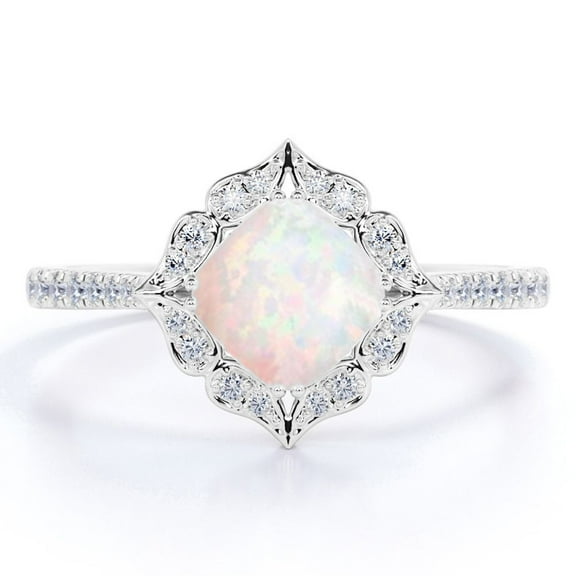 JeenMata Real 1.50 ct Princess Cut Blue Opal and Moissanite Engagement Ring in 18k White Gold over Silver