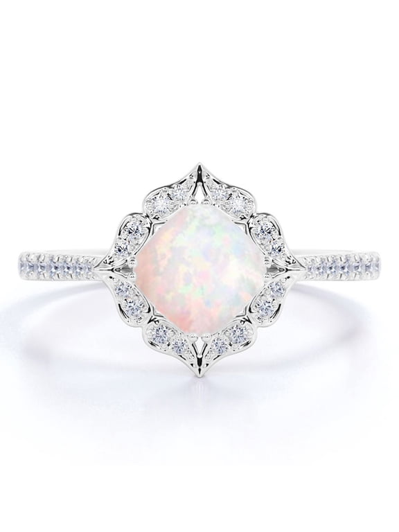 Real 1.50 ct Princess Cut Blue Opal and Moissanite Engagement Ring in 18k White Gold over Silver