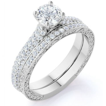 JeenMata Real Round Diamond - Antique - Victorian - Pave - Vintage Wedding Ring Set - 10K White Gold