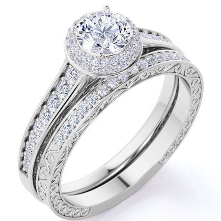 JeenMata Real Round Diamond - Channel Set Band - Cluster - Halo Engagement Ring - Bridal Set - 10K White Gold