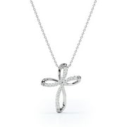 JeenMata Ribbon Twist 0.25 TCW Round Brilliant Cut Diamond Crucifix Pendant Necklace in 18K White Gold Plating over Silver