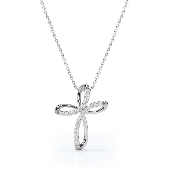 JeenMata Ribbon Twist 0.25 TCW Round Brilliant Cut Diamond Crucifix Pendant Necklace in 18K White Gold Plating over Silver