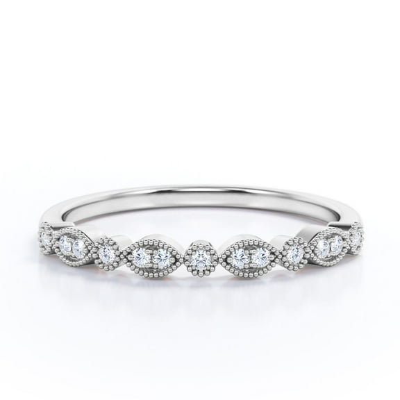 JeenMata Round Brilliant Moissanite Art Deco Wedding Ring Band in 18k White Gold Over Silver