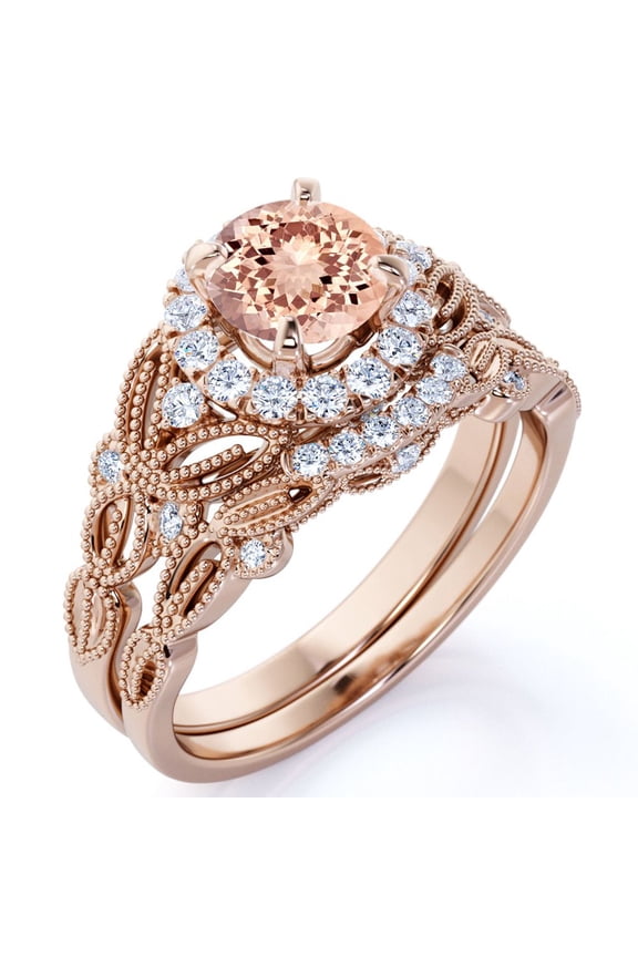 Round Cut Peach created morganite Vintage Bridal Set in 18k Rose Gold over Silver
