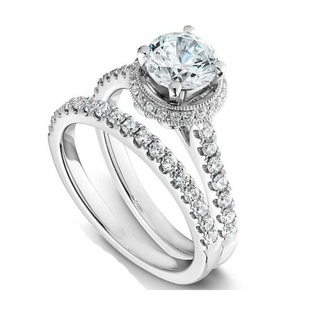 JeenMata Round Cut Lab Grown Diamond Halo Bridal Set in 10k White Gold