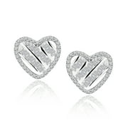 JeenMata Round and Baguette Cut Halo Heart-Shaped Stud Earrings in Sterling Silver - Women's Everyday Jewelry