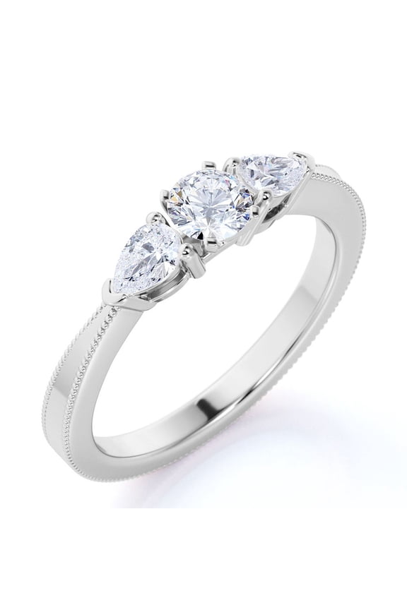 Round and Pear Shaped Diamond - 3 Stone - Past Present Future - Beaded - Engagement Ring - 10K White Gold