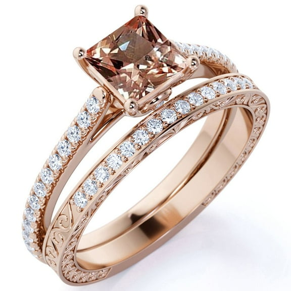 JeenMata On Sale 2 Carat Princess cut created morganite and Moissanite Bridal Wedding Ring Set with Engagement Ring and Wedding Band in 18k Gold Over Silver