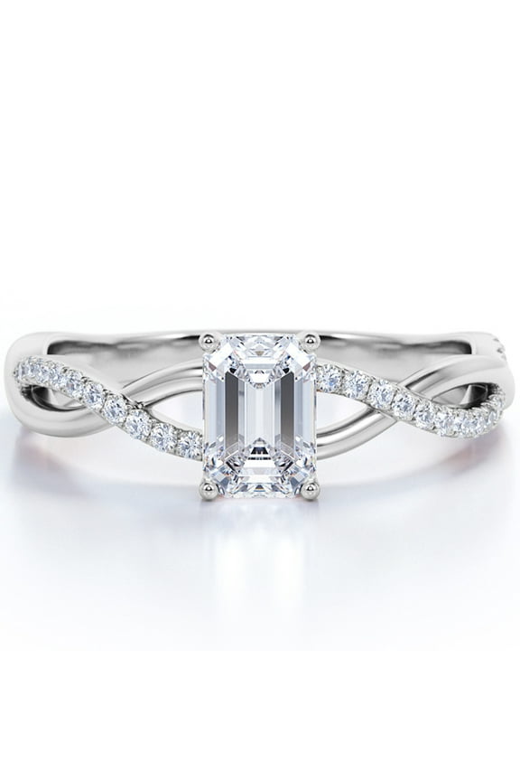 Semi Infinity - 0.75 Carat EmeraldCut Moissanite - Pave - Prong Setting Engagement Ring - 18K White Gold Plating Over Silver