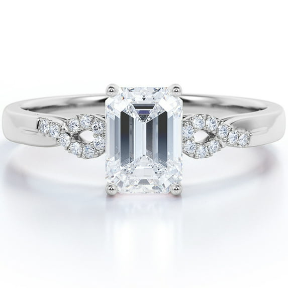 JeenMata Semi-Infinity Pave 1.75 Carat Emerald Cut Moissanite Prong Set Engagement Ring In 18K White Gold Plating Over Silver