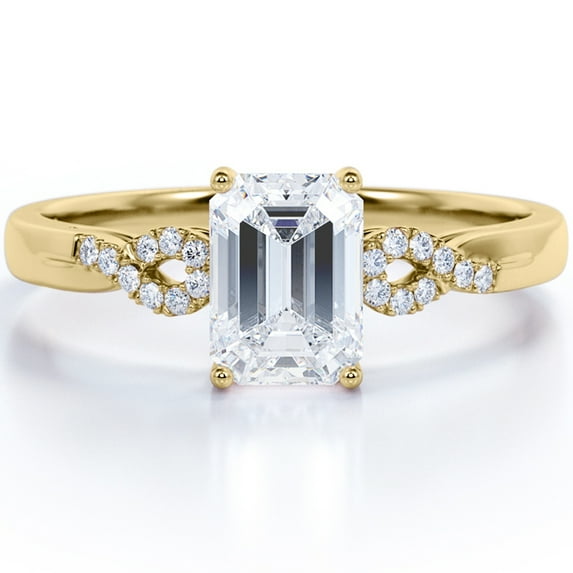 JeenMata Semi-Infinity Pave 1.75 Carat Emerald Cut Moissanite Prong Set Engagement Ring In 18K Yellow Gold Plating Over Silver