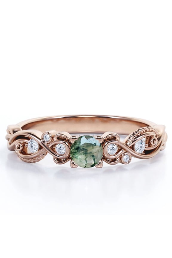 Seven Stone 1.75 Carat Round Brilliant Cut Solid Finely Veined Moss Green Agate and Moisssanite Victorian Style Filigree Engagement Ring in 18K Rose Gold Plating over Silver