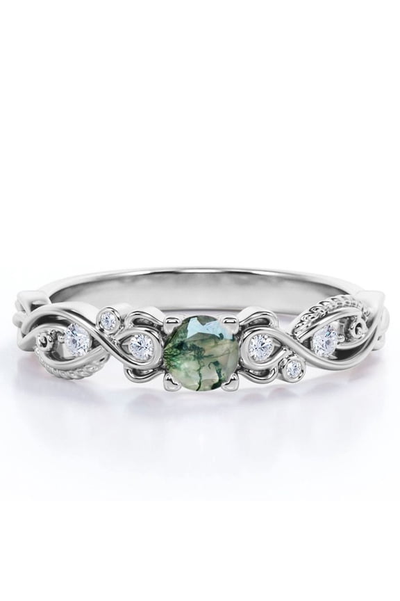 Seven Stone 1.75 Carat Round Brilliant Cut Solid Finely Veined Moss Green Agate and Moisssanite Victorian Style Filigree Engagement Ring in 18K White Gold Plating over Silver