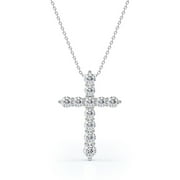 JeenMata Shared-Prong 0.10 TCW Round Shape Diamond Pave Style Cross Pendant Necklace in 18K White Gold Plating over Silver