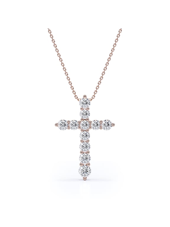 Shared-Prong 0.10 TCW Round Shape Moissanite Pave Style Cross Pendant Necklace in 18K Rose Gold Plating over Silver