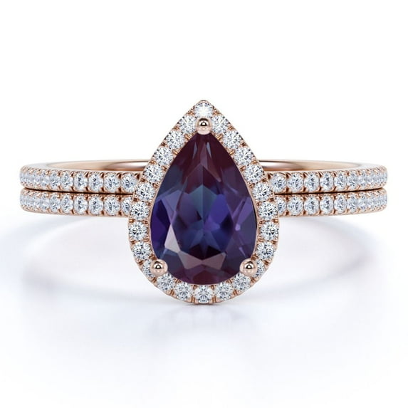 JeenMata Signature Halo 1.5 Carat Pear Cut Synthetic Alexandrite and Moissanite Half Eternity Wedding Ring Set in 18k Rose Gold over Silver