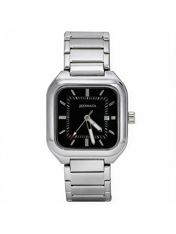 Men’s Square Stainless Steel Watch, Water Resistant Black Textured Dial with Date Window