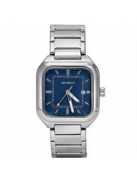 Men’s Square Stainless Steel Watch, Water Resistant Blue Textured Dial with Date Window