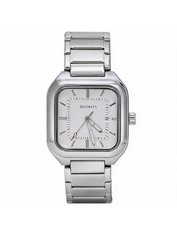 Men’s Square Stainless Steel Watch, Water Resistant White Textured Dial with Date Window