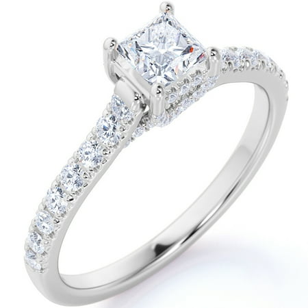 JeenMata Simple 1 Carat Square Cut Moissanite with Pave Accents - Classic Thin Band Wedding Ring in 18K White Gold over Silver