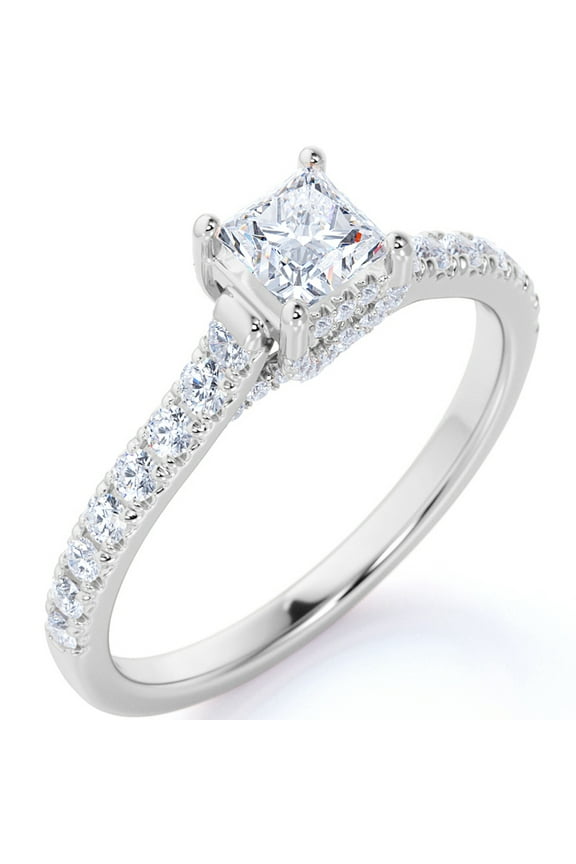 Simple 1 Carat Square Cut Moissanite with Pave Accents - Classic Thin Band Wedding Ring in 18K White Gold over Silver