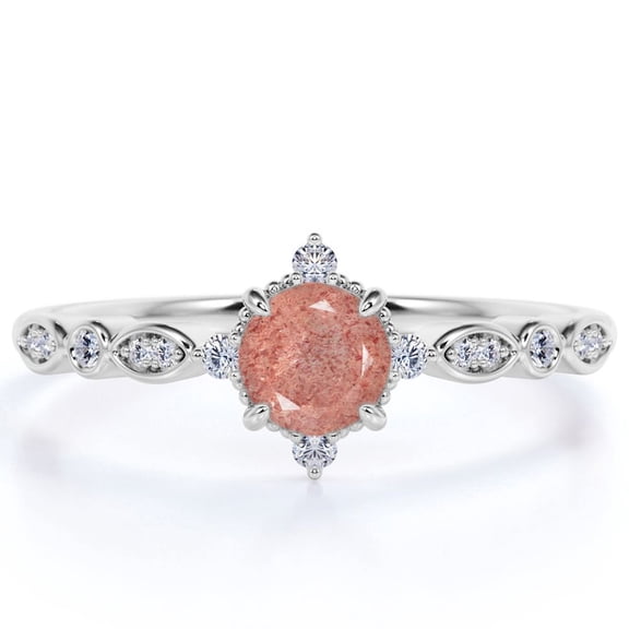 JeenMata Snowflake 1.75 ct Round Cut Natural Strawberry Quartz and Moissanite Minimalist Promise Ring - Faceted Quartz - Trendy Wedding Ring - 18K White Gold Over Silver