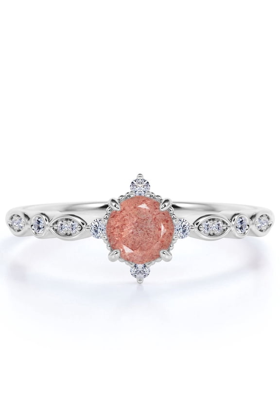 Snowflake 1.75 ct Round Cut Natural Strawberry Quartz and Moissanite Minimalist Promise Ring - Faceted Quartz - Trendy Wedding Ring - 18K White Gold Over Silver