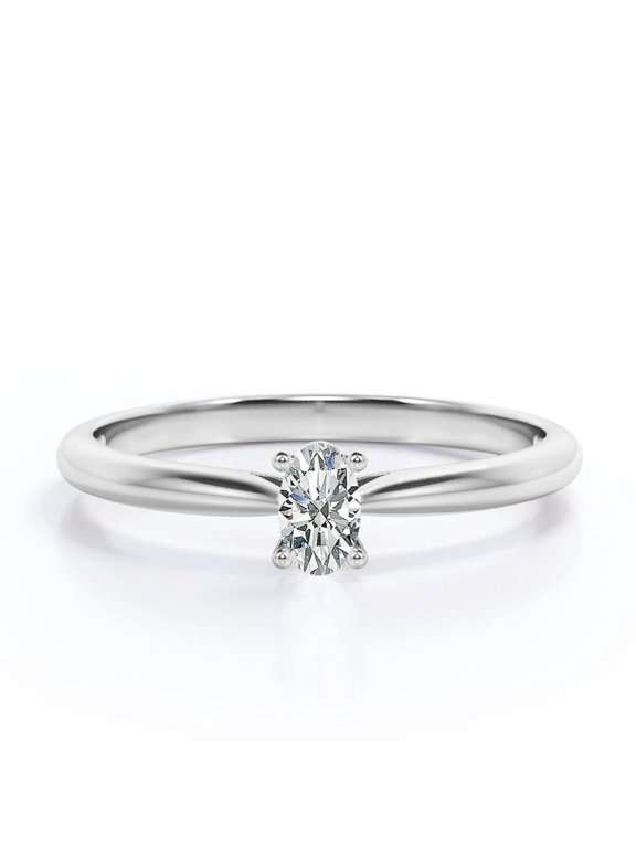 Solitaire 0.5 Carat Oval Cut Moissanite - Dainty Fashion Ring - 18K White Gold Plating Over Silver