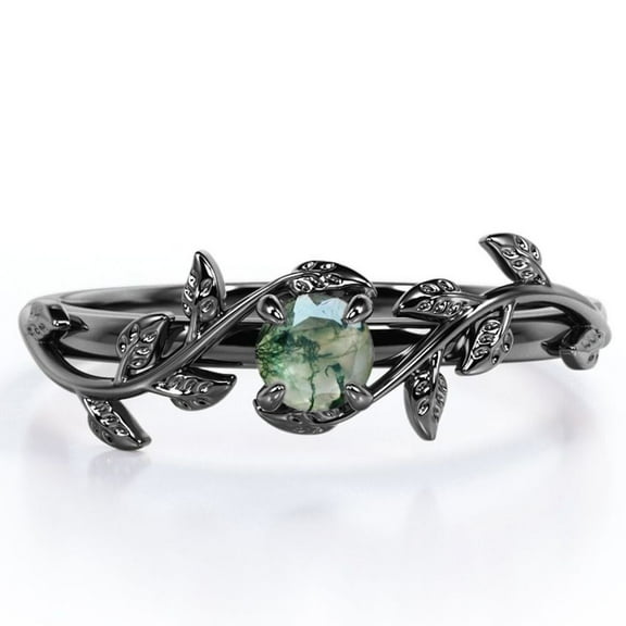 JeenMata Solitaire - 0.50 Carat Round Brilliant Cut Real Solid Moss Green Agate - Magic Forest Branch Engagement Ring - 18K Black Gold Plating over Silver